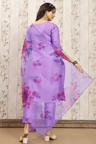 Levender color art silk blend solid kurti pant with orgenza digital print dupatta