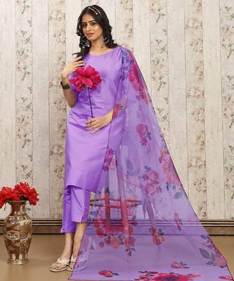 Levender color art silk blend solid kurti pant with orgenza digital print dupatta 4