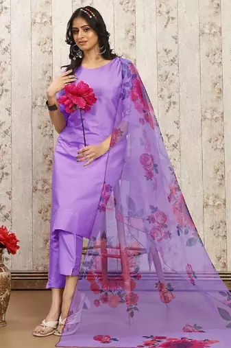 Levender color art silk blend solid kurti pant with orgenza digital print dupatta