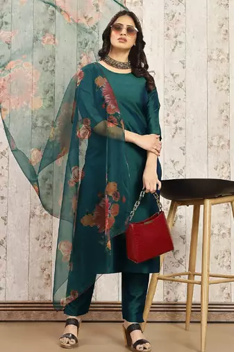 Green color art silk solid kurti pant with orgenza digital print dupatta