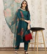 Green color art silk solid kurti pant with orgenza digital print dupatta