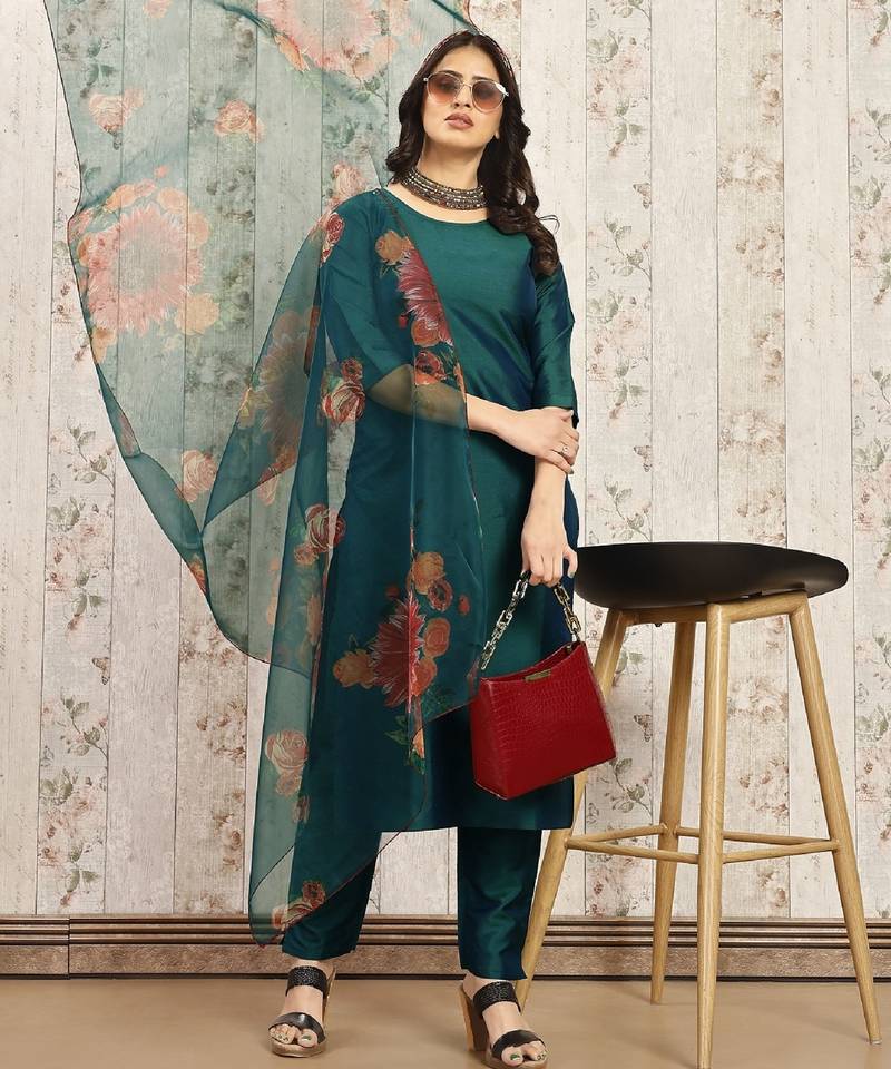 Green color art silk solid kurti pant with orgenza digital print dupatta