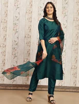Green color art silk blend solid kurti pant with orgenza digital print dupatta 2