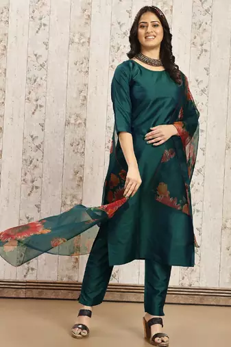 Green color art silk blend solid kurti pant with orgenza digital print dupatta
