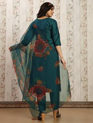 Green color art silk blend solid kurti pant with orgenza digital print dupatta 4
