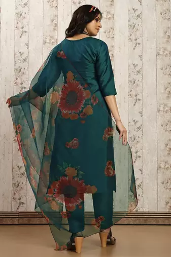 Green color art silk blend solid kurti pant with orgenza digital print dupatta