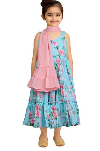 girls' aqua anarkali and dupatta set