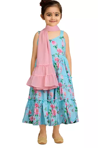 girls' aqua anarkali and dupatta set
