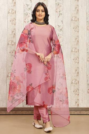 Peach color art silk solid kurti pant with orgenza digital print dupatta