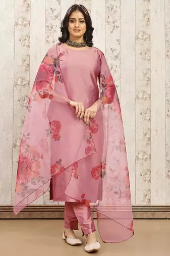 Peach color art silk solid kurti pant with orgenza digital print dupatta