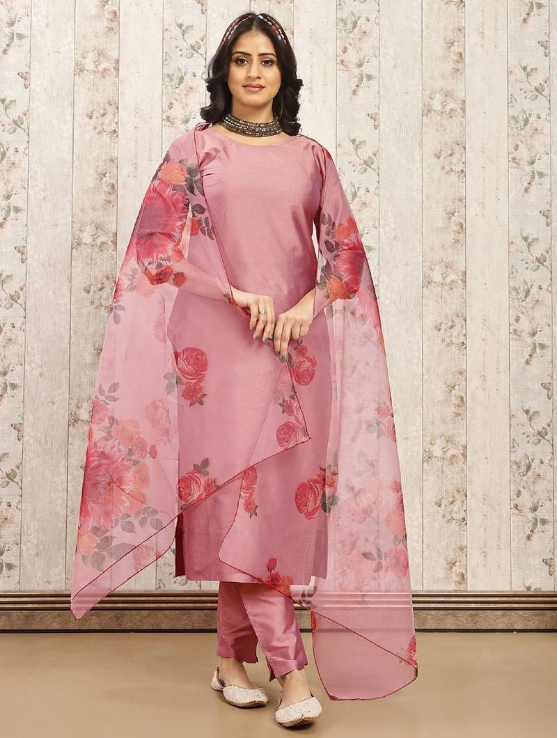 Peach color art silk solid kurti pant with orgenza digital print dupatta