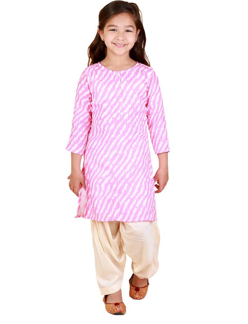 Jbn creation girls' pink and white kurta and patiala set