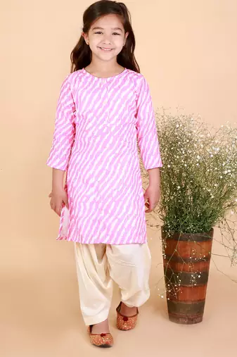 girls' pink and white kurta and patiala set