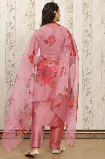 Peach color art silk solid kurti pant with orgenza digital print dupatta
