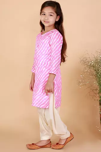 girls' pink and white kurta and patiala set