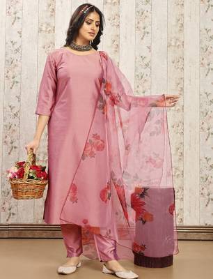 Peach color art silk blend solid kurti pant with orgenza digital print dupatta 4
