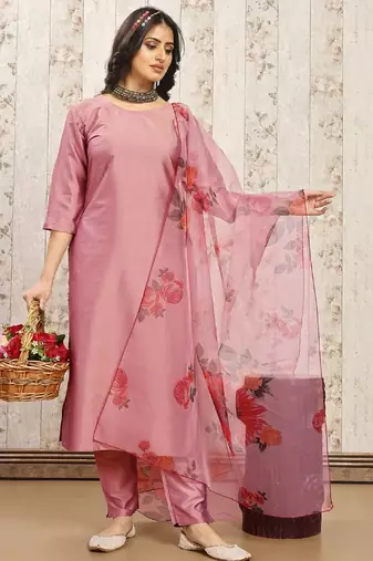 Peach color art silk solid kurti pant with orgenza digital print dupatta