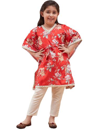 girls' red and cream kaftan and pant set