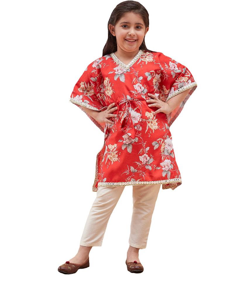 Jbn creation girls' red and cream kaftan and pant set