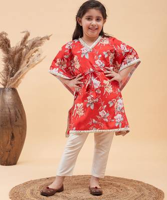 girls' red and cream kaftan and pant set 2