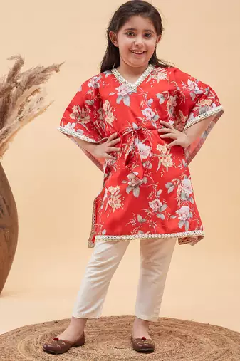 girls' red and cream kaftan and pant set