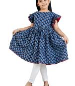 girls' indigo blue and white kurta and leggings set