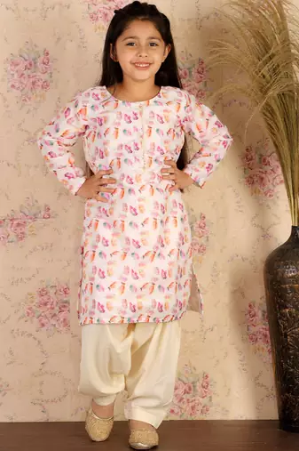 girls' multicolor-base-white kurta and patiala set