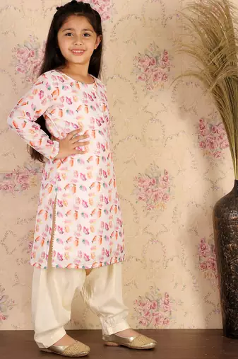 girls' multicolor-base-white kurta and patiala set