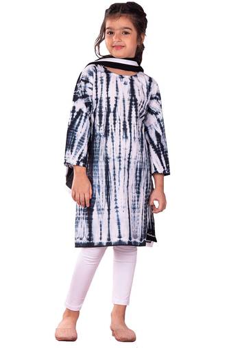 girls' black and white kurta, leggings & dupatta set