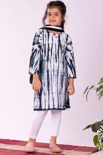 girls' black and white kurta, leggings & dupatta set