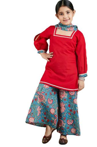 girls' red and blue palazzo set