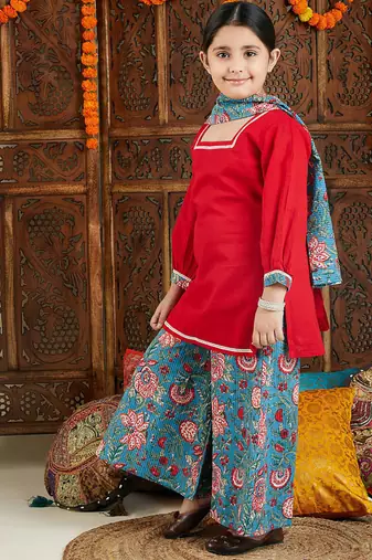 girls' red and blue palazzo set