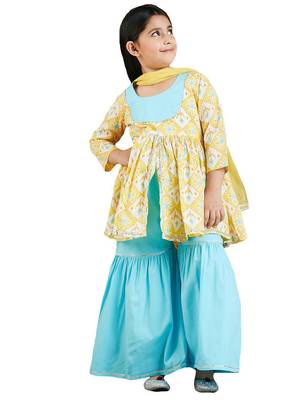 girls' yellow and aqua kurta pant set 1
