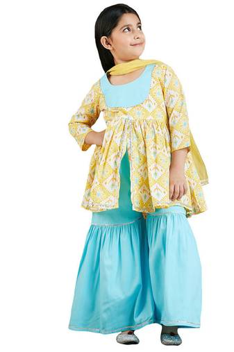 girls' yellow and aqua kurta pant set
