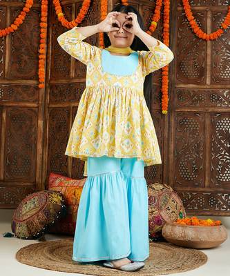 girls' yellow and aqua kurta pant set 2