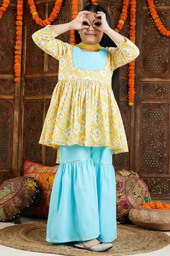 girls' yellow and aqua kurta pant set