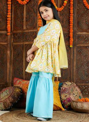 girls' yellow and aqua kurta pant set 3