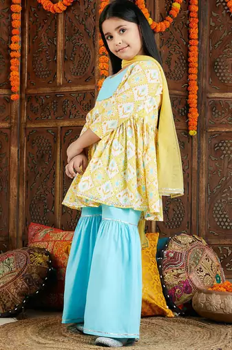 girls' yellow and aqua kurta pant set