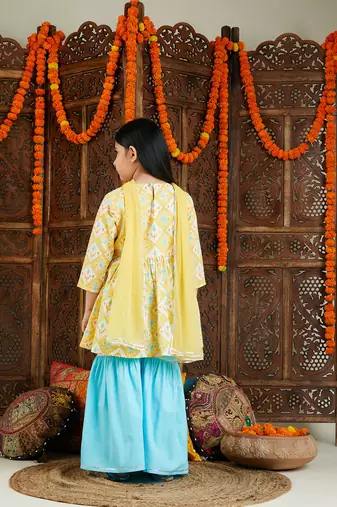 girls' yellow and aqua kurta pant set