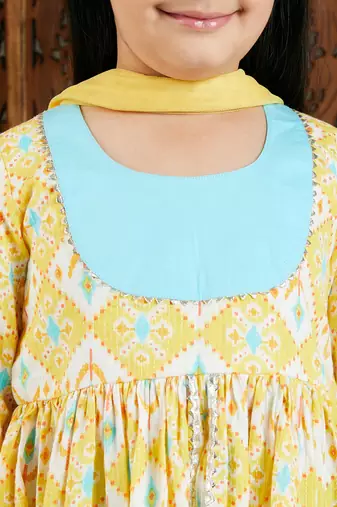 girls' yellow and aqua kurta pant set