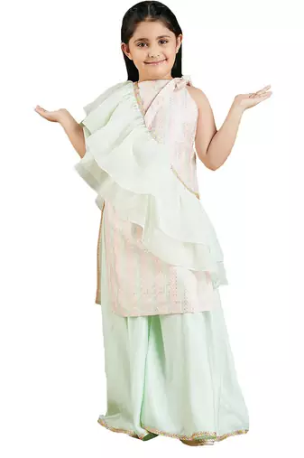 girls' mint green kurta, palazzo and dupatta set