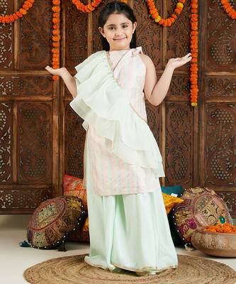 girls' mint green kurta, palazzo and dupatta set 2