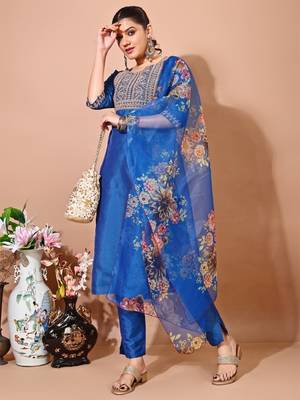 Blue art silk blend embroidered kurti pant with orgenza digital print dupatta 1