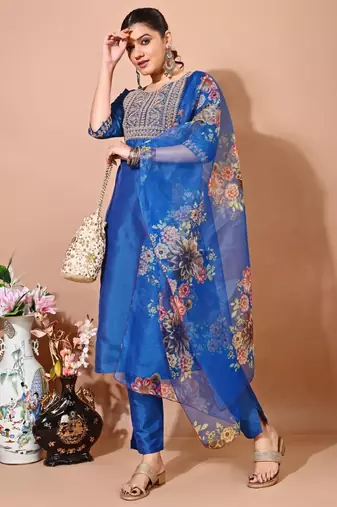 Blue color art silk embroidered kurti pant with orgenza digital print dupatta