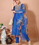 Blue color art silk embroidered kurti pant with orgenza digital print dupatta