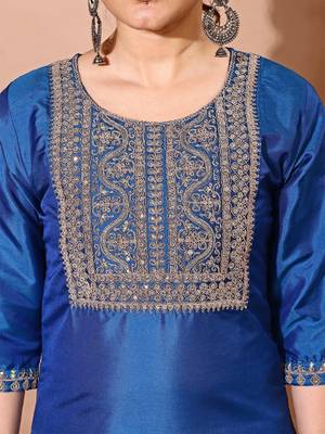 Blue art silk blend embroidered kurti pant with orgenza digital print dupatta 2