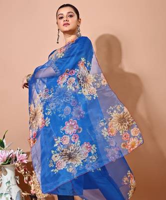 Blue art silk blend embroidered kurti pant with orgenza digital print dupatta 3