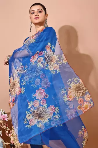 Blue color art silk blend embroidered kurti pant with orgenza digital print dupatta