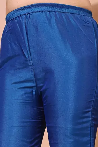 Blue color art silk blend embroidered kurti pant with orgenza digital print dupatta
