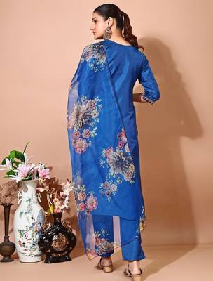 Blue art silk blend embroidered kurti pant with orgenza digital print dupatta 5